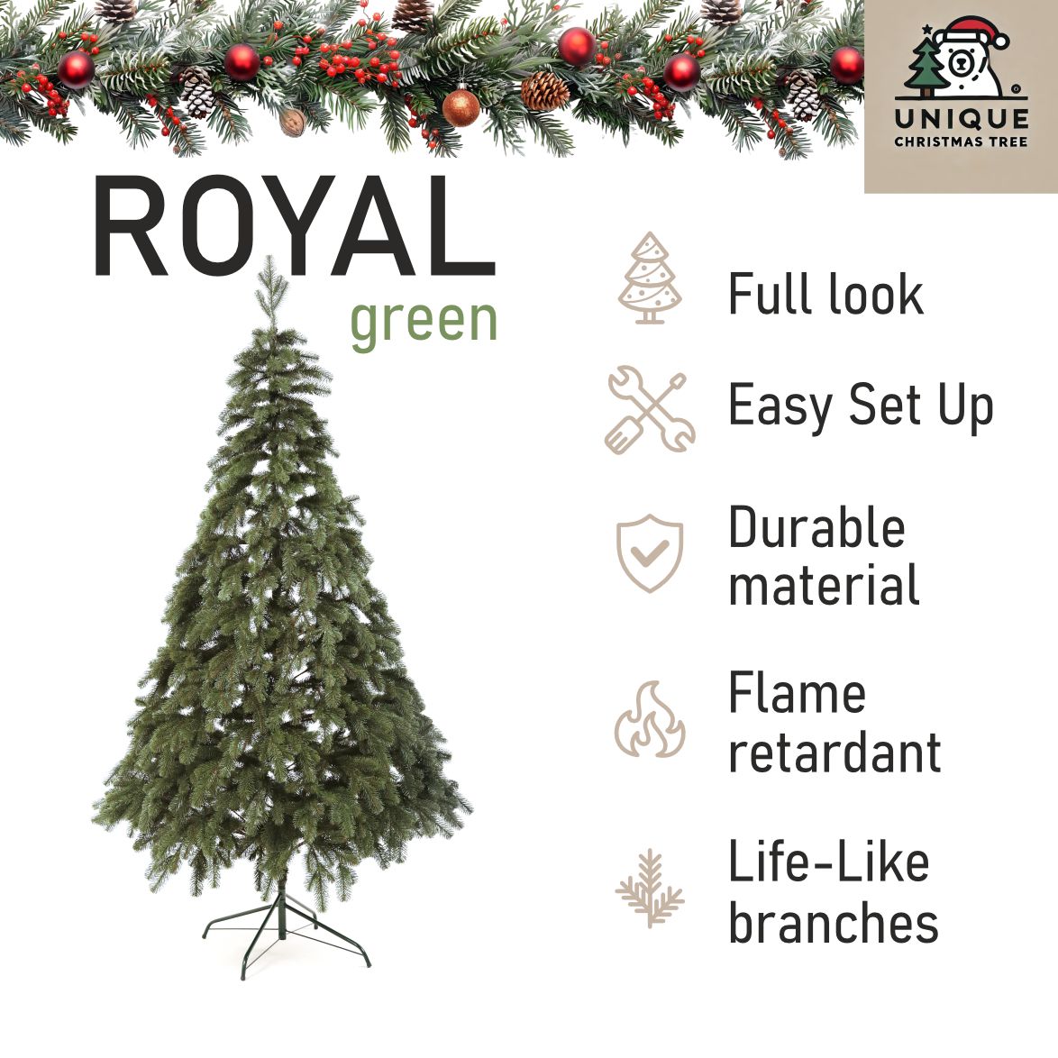 Royal Artificial Green Christmas Tree 6-7.5 ft Metal Stand Realistic Holiday Home Decoration