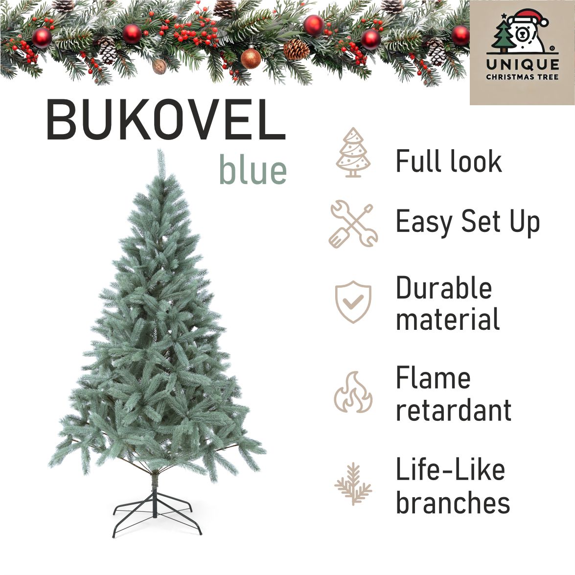 Bukovel Artificial Blue Christmas Tree 6-7 ft Metal Stand Realistic Holiday Home Decoration