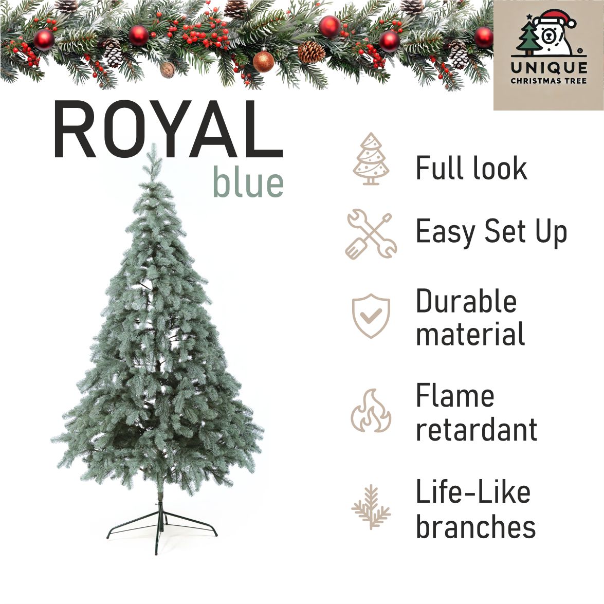Royal Artificial Blue Christmas Tree 6-7 ft Metal Stand Realistic Holiday Home Decoration
